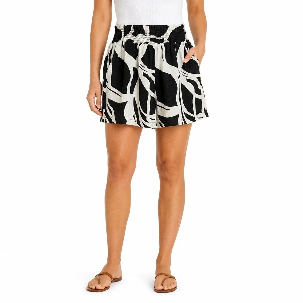 Forcynthia‎ Shorts Womens XL Linen Black White Print Smocked Waist Pockets